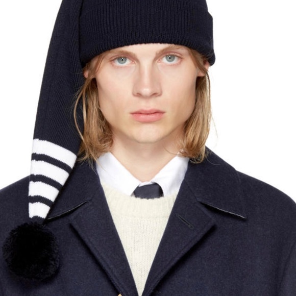 THOM BROWNE Grey Striped Stocking Beanie with Pouf Ball - Picture 10 of 10